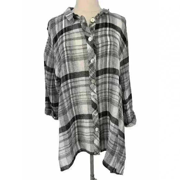 Habitat Linen Windowpane Plaid Button Front Blouse Lagenlook Artsy Women XL - Picture 1 of 12